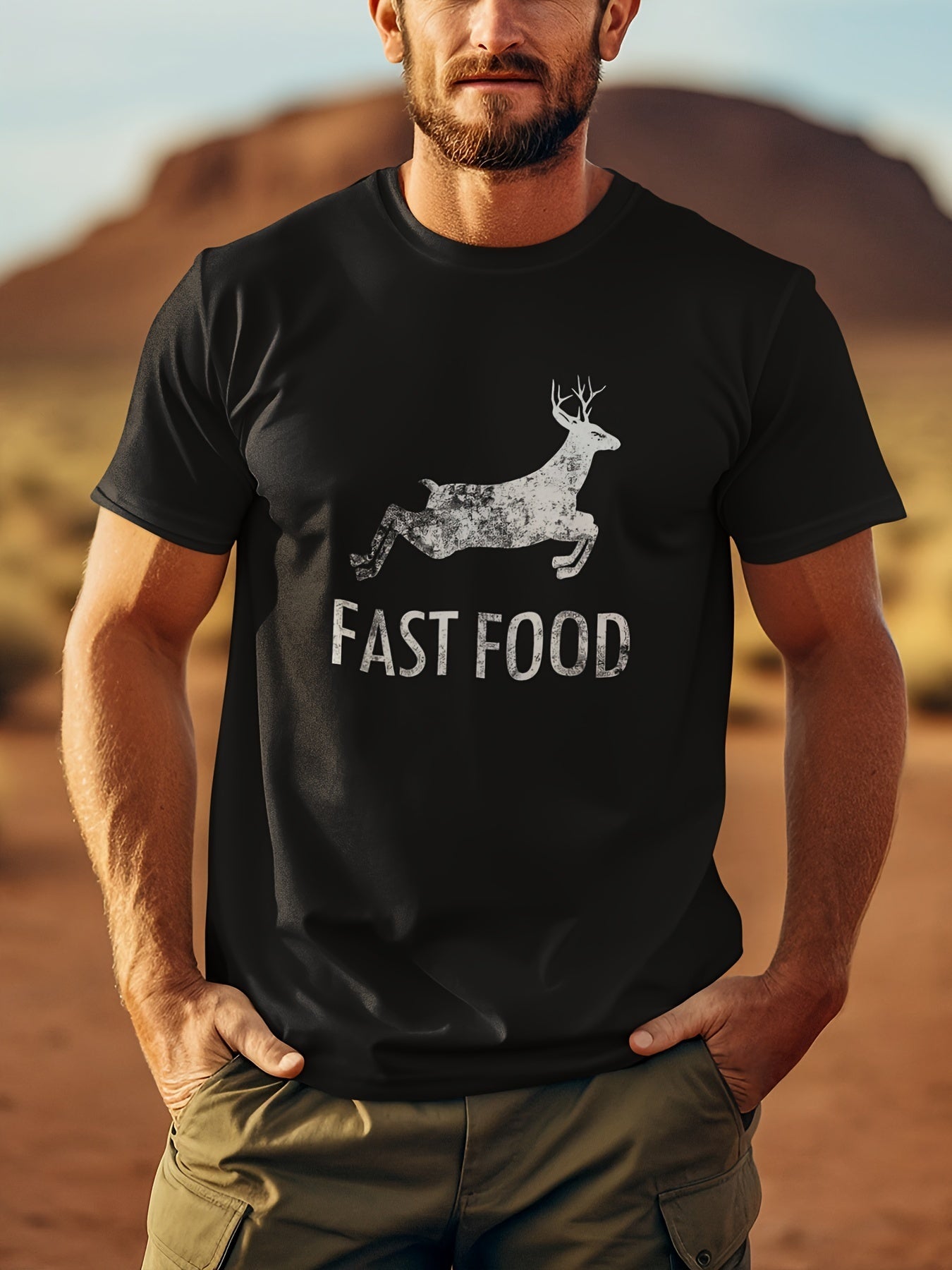 Men's Front Printed Short Sleeved T-shirt Top - Fast Food - Gift For Hunters