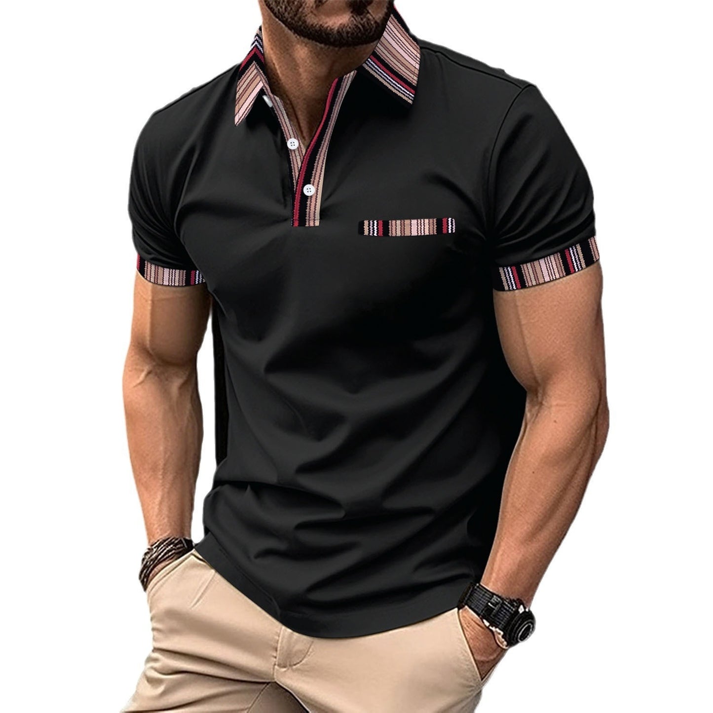 Printed Collar Button Versatile Men's T-shirt