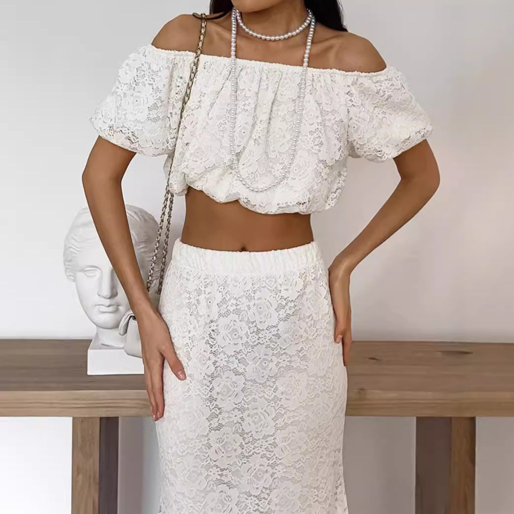 Lace Suit Off-neck Strapless top with High Waist Skirt