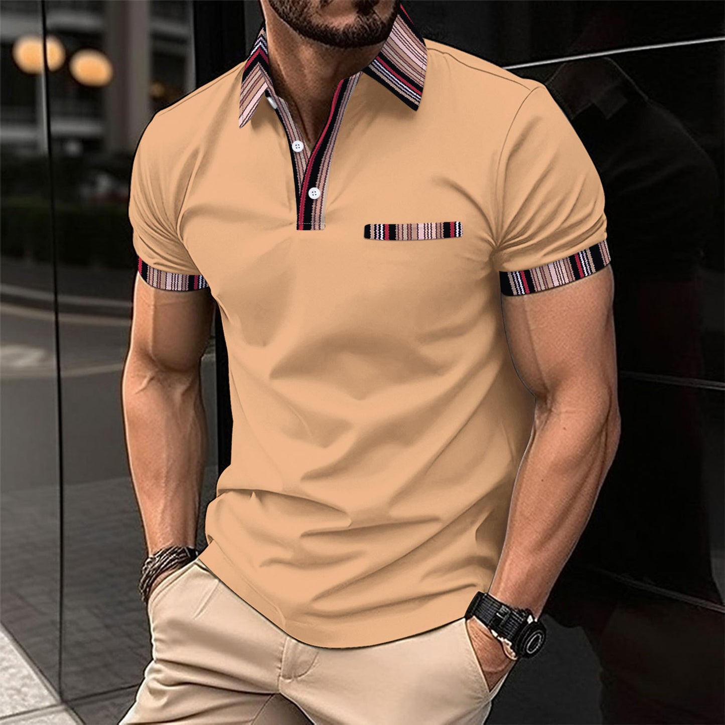 Printed Collar Button Versatile Men's T-shirt