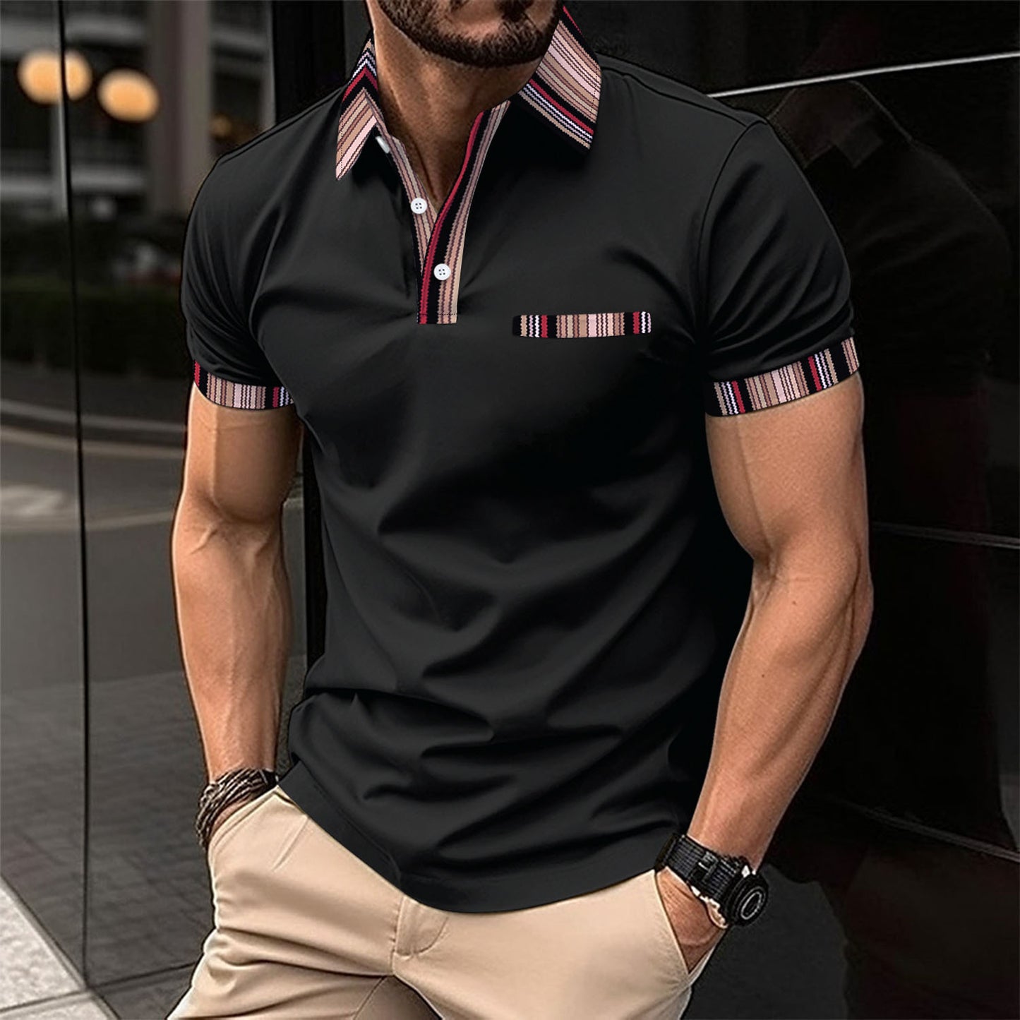 Printed Collar Button Versatile Men's T-shirt